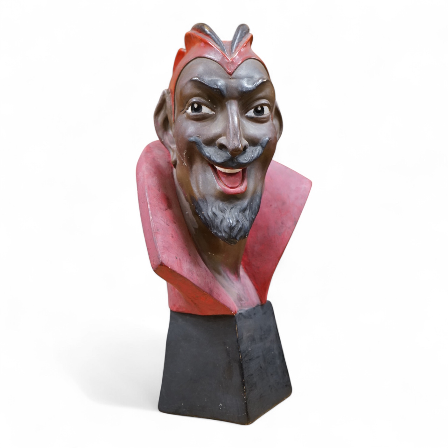 An Art Deco painted pottery bust of Mephistopheles, signed Joel Oni?, 38cm